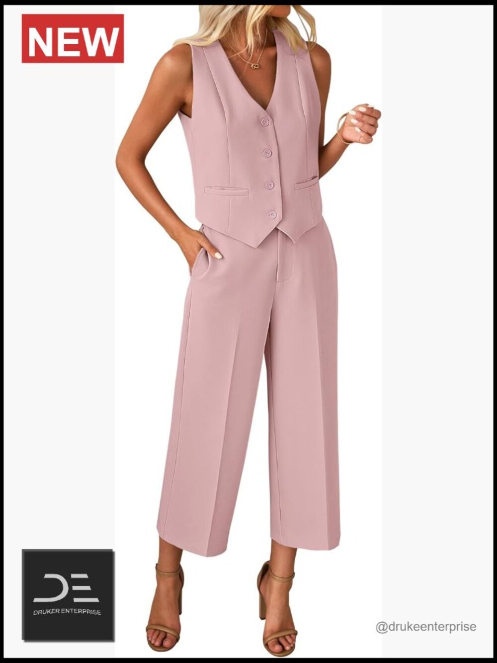Dressy Casual 2 Piece Suit Sets Sleeveless Blazer Vest with Wide Leg Capri